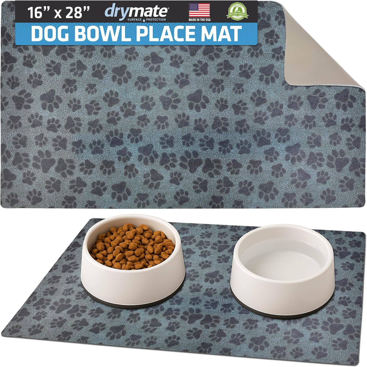 Drymate Pet Bowl Placemat, Dog & Cat Food Feeding Mat - Absorbent Fabric, Waterproof Backing, Slip-Resistant - Machine Washable/Durable (USA Made) (16&rdquo; X 28&rdquo;) (Paw Dots Black) image number 5