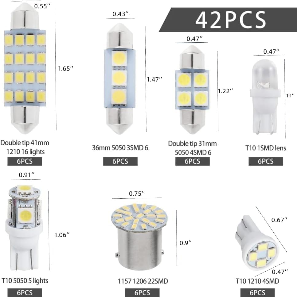 Slzhds 42 Pcs Car Led Lights Interior, Car Led Bulb Set Kit, T10 Led Bulb, W5W LED, 6000K 12V T10 168 2825 W5W 921 LED Kit for Car Vehicle Map Dome Door Trunk License Plate Bulb image number 4