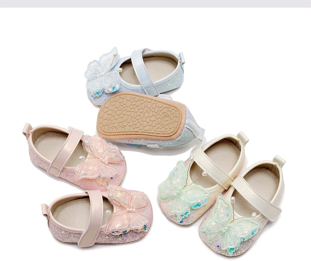 Clowora Infant Toddler Baby Girl Dress Shoes Mary Jane First Walking PU Leather Princess Wedding Rubber Sole Non-Slip with Bowknot Floral Flats image number 3