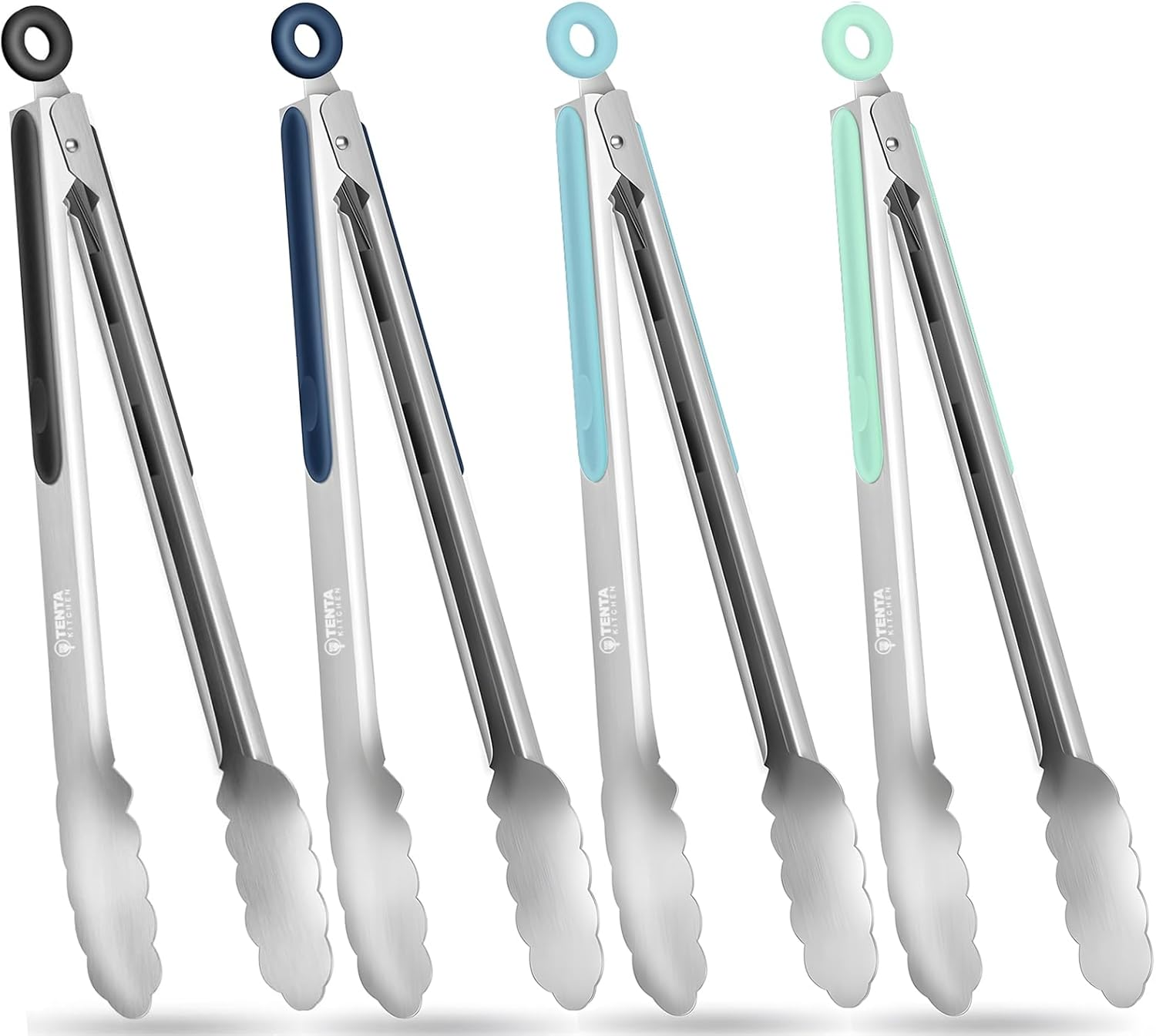 Tongs for Cooking, 12-Inch Stainless Steel Kitchen Tongs, Locking Metal Food Tongs with Silicone Non-Slip Grip, Kitchen Utensils Tongs for Food, Salad and Outdoor BBQ (Set of 4)