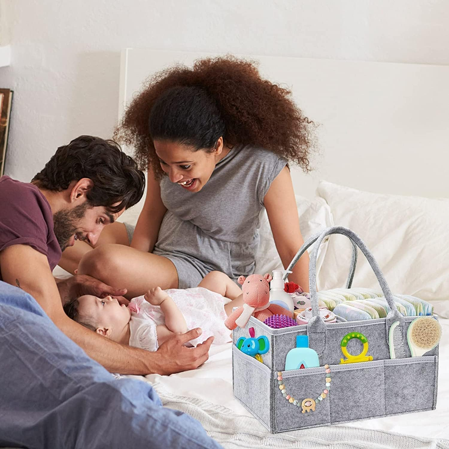 Peacafulife Baby Nappy Caddy Organiser, Multifunctional Upgrade Felt Newborn Baby Diaper Caddy Nursery Portable Storage Wipes Bag Detachable Paste Dividers Nappy image number 4