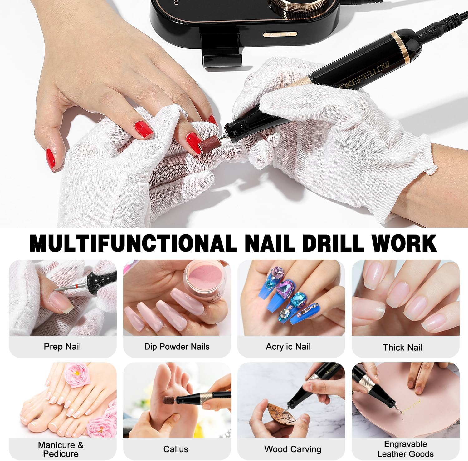 YOKE FELLOW Pngles Professional 40000RPM Portable Rechargeable Nail Drill with LCD Display and 12 Sanding Bits for Pedicure Manicure image number 6