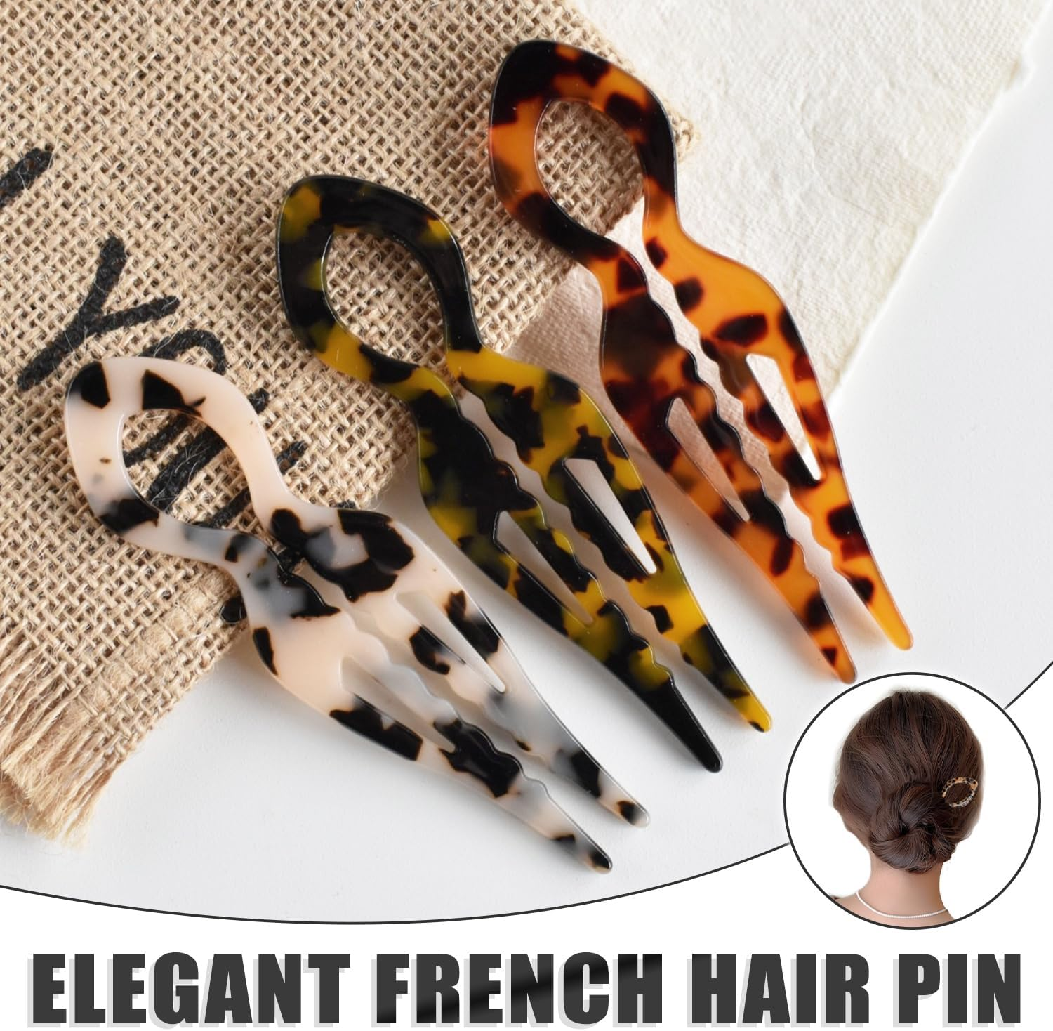 SYEYCW Pack of 3 French Hair Pins, French U-Shaped Hairpins, Acetate Hair Styling for Bun and Updos, Durable Hair Pins for Thick, Fine, Long Hair, 3 Colours image number 3
