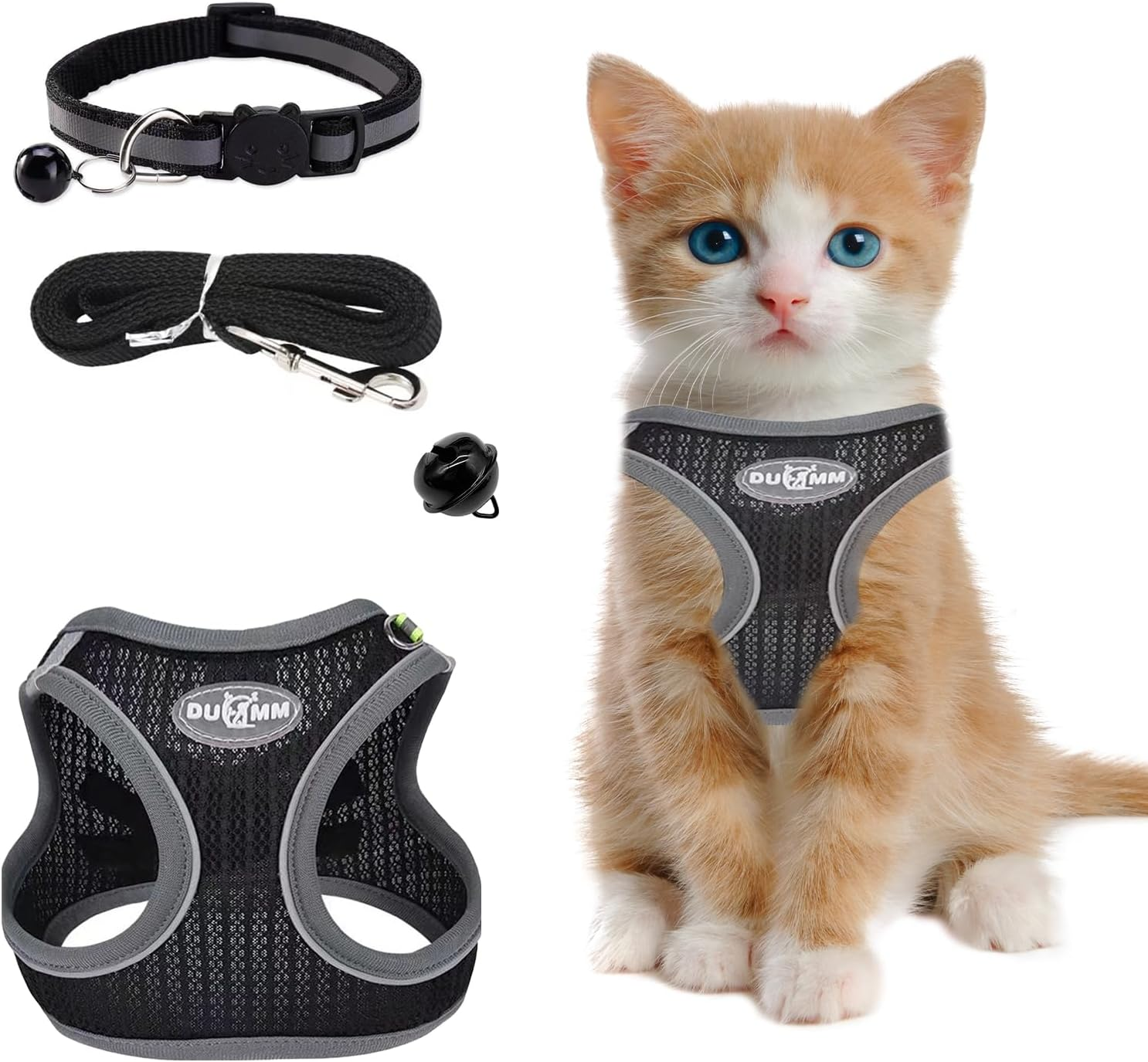 Cat Harness with Lead, Escape Proof, Adjustable Cat Harness, Cat Harness, Soft Inner Lining and Breathable Mesh with Reflective for Outdoor Training, Walking (Black, XXS)