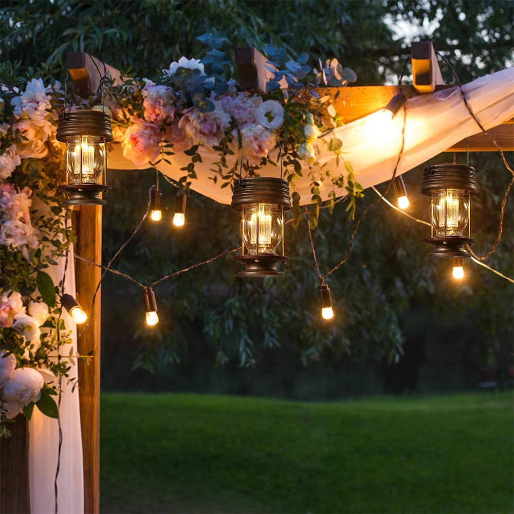 Pearlstar Solar Lantern Outdoor Waterproof Hanging Solar Garden Lights - 2 Pack Solar Powered Landscape Christmas Lanterns with Retro Design for Patio, Yard, Garden and Pathway Decor (Warm Light) image number 6