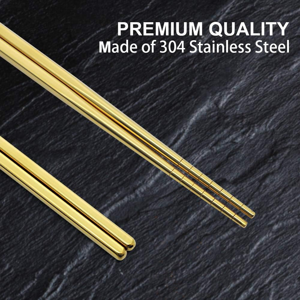 Stainless Steel Chopsticks Reusable Multicolor Lightweight 304 Metal Chopsticks Dishwasher Safe - 5 Pairs (Gold) image number 2