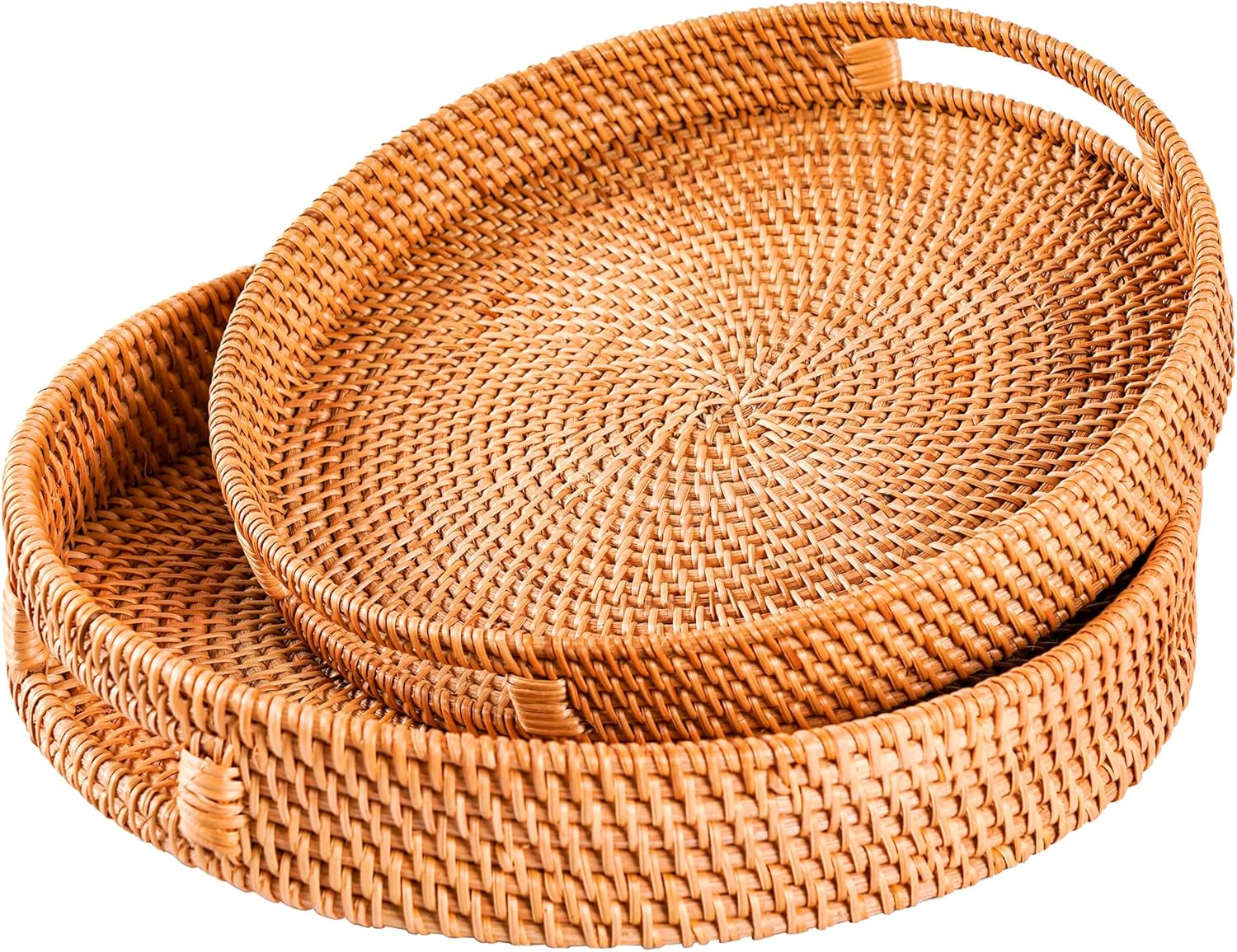 FIYAMMY Large round Rattan Serving Tray Set of 2, Woven with Handles, Wicker Fruit Bread Basket for Coffee Table (13.8In X 2.8In; 11.8In X 2.4In) image number 5