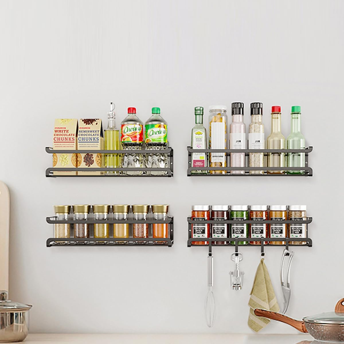 AIMALL 4PCS Stainless Steel Kitchen Seasoning Rack Set Wall Mounted Carbon Steel Punch-Free Spice Storage Shelf with Drainage Design for Bottles and Condiments image number 6