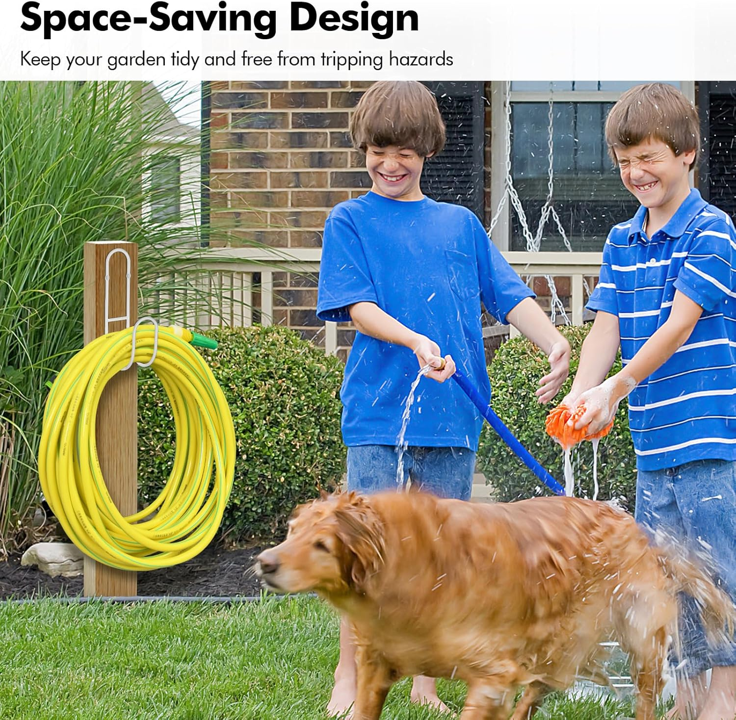 Lunhoo Garden Hose Holder, Wall Mount Water Hose Hanger, Hanging Hose Storage Rack for Garden Hose, Ropes, outside Yard (White) - Black image number 4