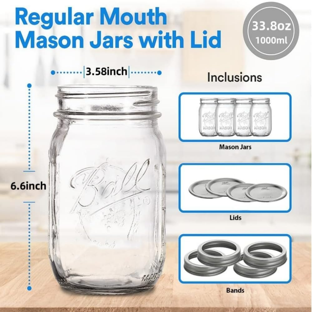 1000ML Mason Jars with Lids,2-Pack Mason Jars, Glass Jar with Lid and Band, Airtight Canning Jars, Overnight Oats Jars, Salad Jars, Sourdough Starter Jar image number 6