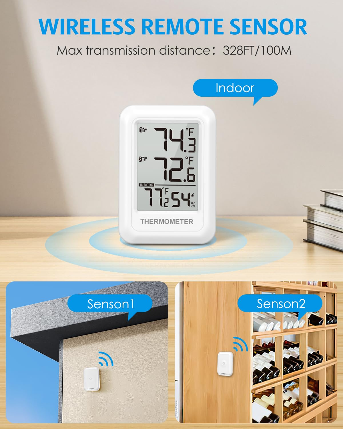 AMIR Indoor Outdoor Thermometer Wireless with 2 Transmitters up to 100M/328Ft, Max/Min Display, Greenhouse Humidity Thermometer for Babyroom Garden image number 6