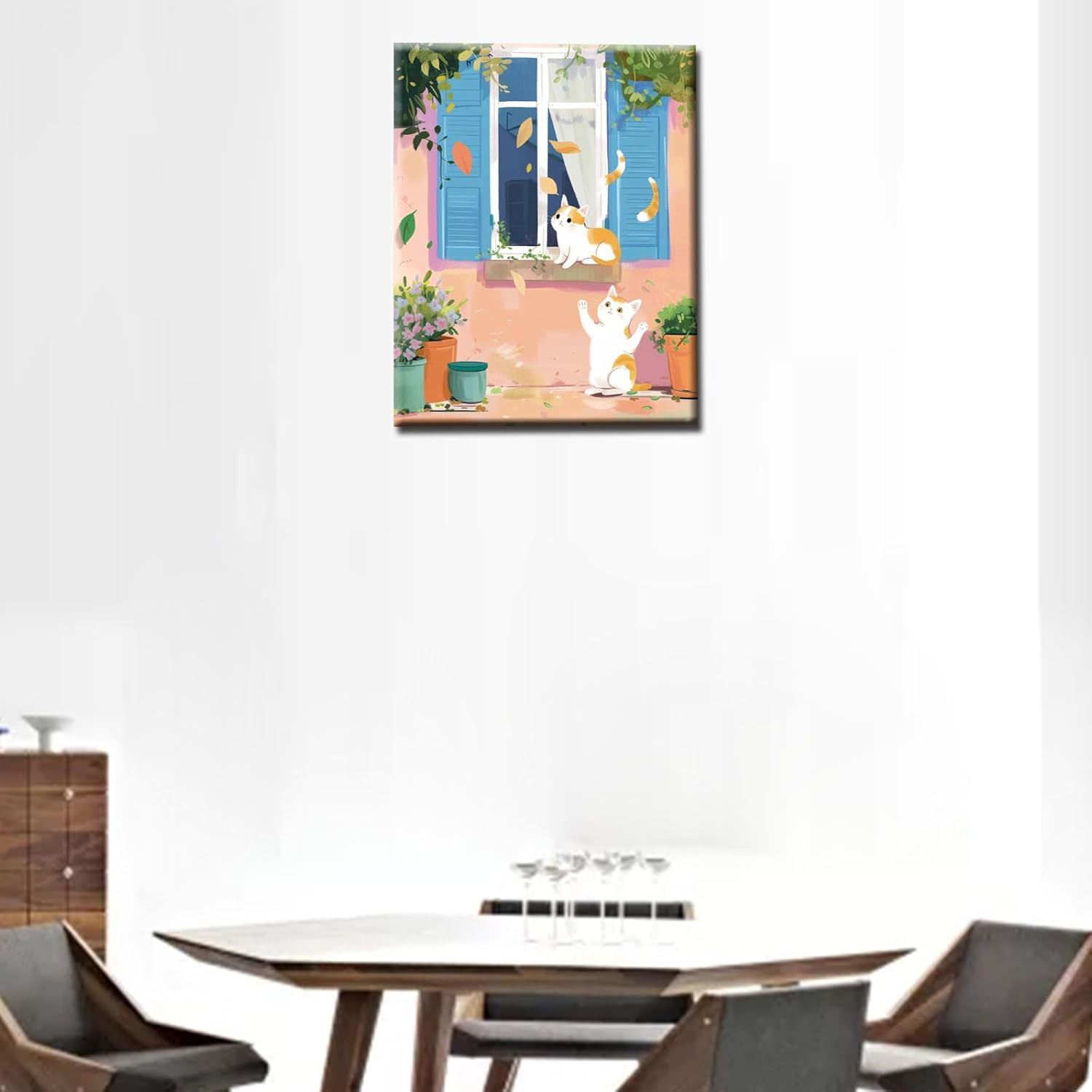 Two White Cats Painting Cute Animal Pet Paint by Number Kits 16 X 20 Inch Blue Window ,Flowers Digital Canvas DIY Oil Acrylic Painting for Kids Adults Beginner with Brushes Nordics Gift(Diy Frame) image number 4