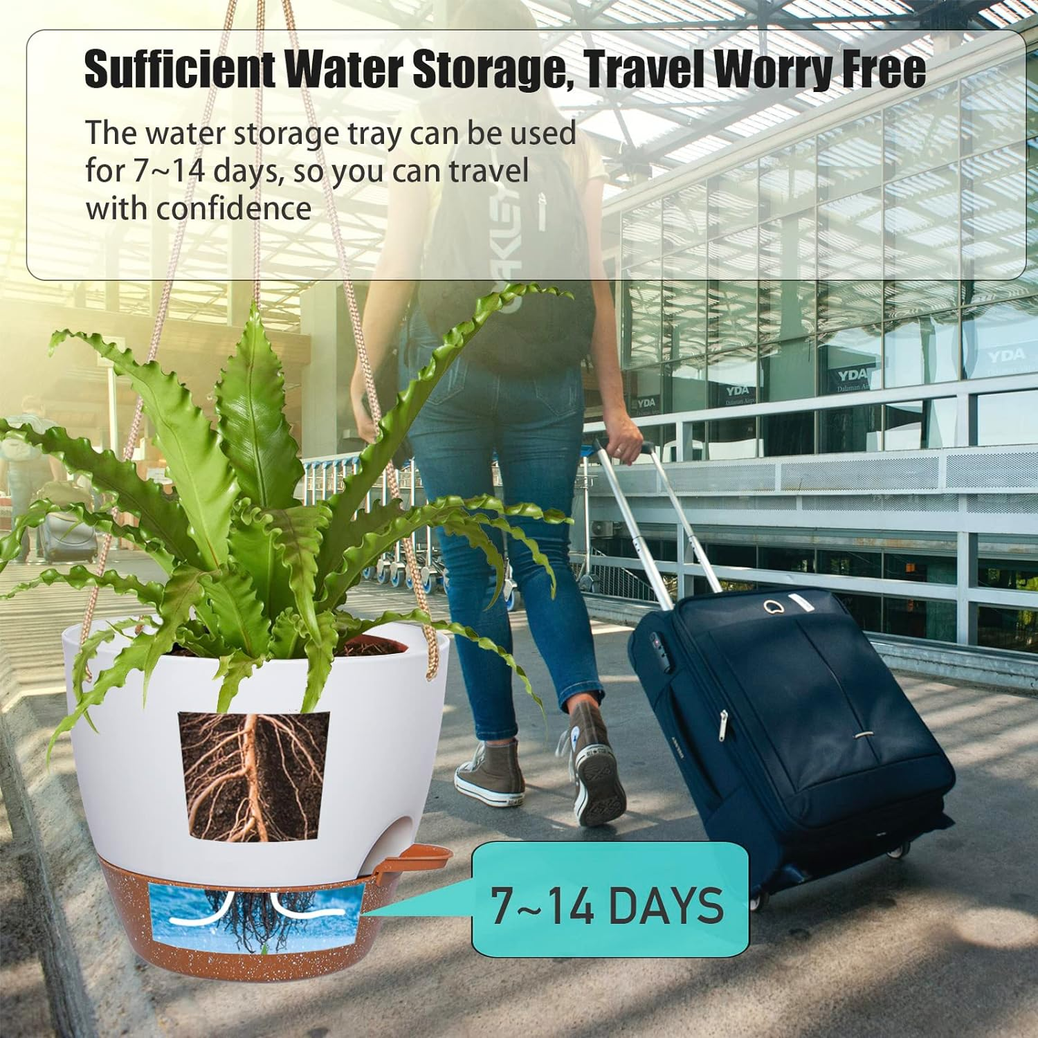 Swinduck 10 Inch Self Watering Hanging Pots, 2 Pack Hanging Planters with 40Oz Deep Reservior for Indoor Outdoor Plants Flowers, White with Brown image number 1