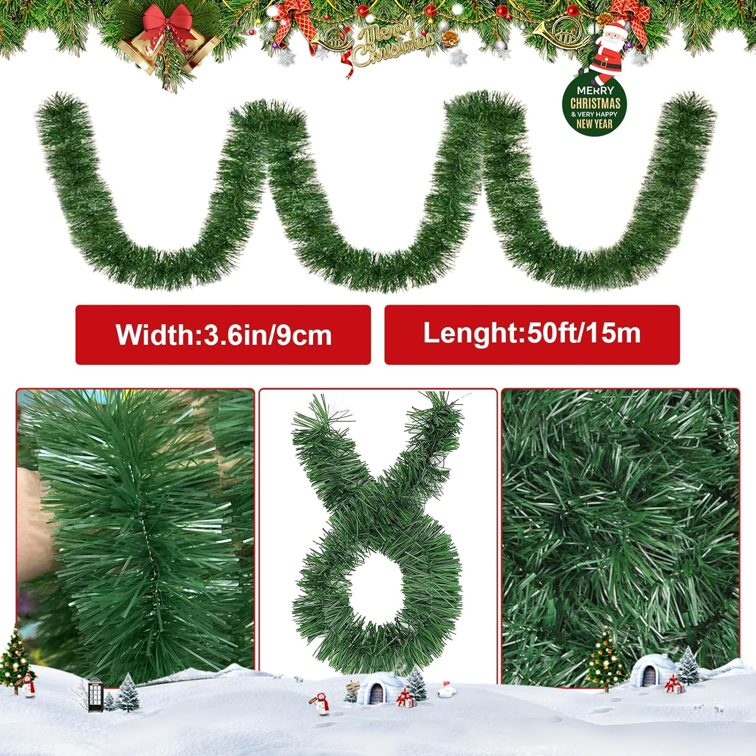 Christmas Garland Christmas Decorations, 50FT Green Christmas Tree Garland Decor DIY Artificial Garland Holiday Outdoor Decorations for Stairs Railing, Fireplace, Staircase, Window, Door image number 4