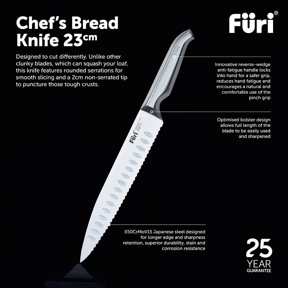 Furi Pro Chef'S Bread Knife 23Cm, 9 1/16", Long Stainless Steel Blade with Rounded Serrations for Effortlessly Slicing Large Loaves without Tearing, Reverse-Wedge Handle, 25-Year Guarantee, Silver image number 1