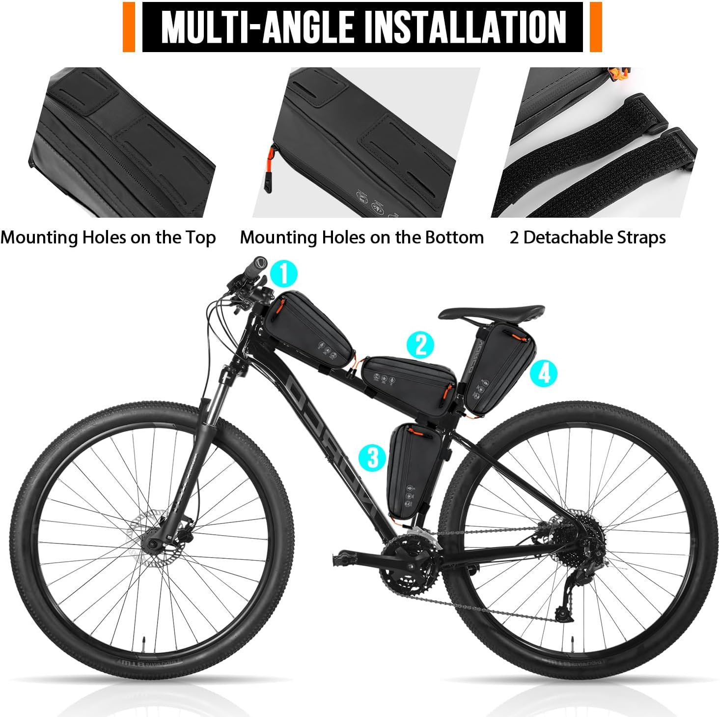 WOTOW Bike Frame Bag, Waterproof Bike Triangle Bag with Two Side Pockets, Reflective Bicycle Top Tube Phone Storage Pouch for Road Mountain Bike Cycling Travel （1.2L） image number 4