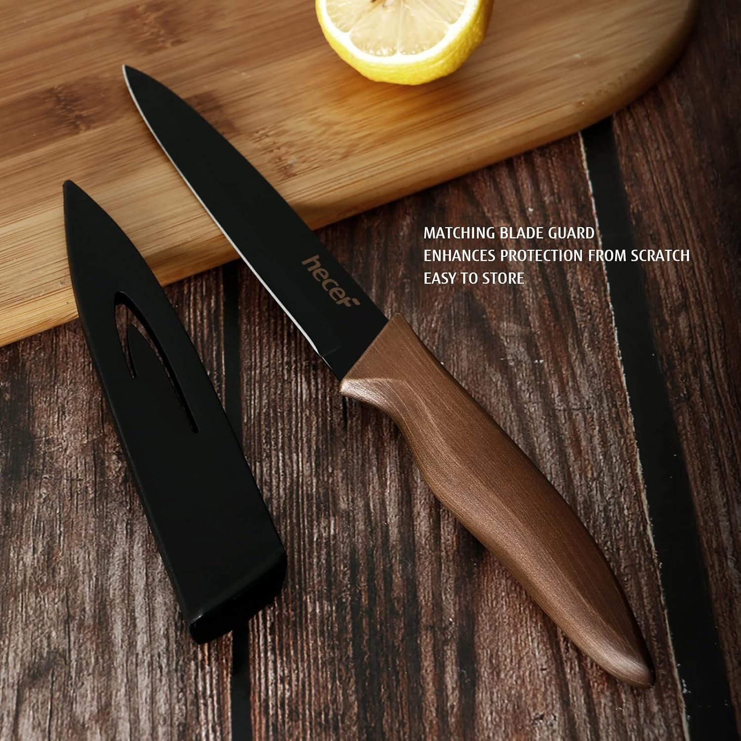 Hecef Kitchen Knife Sets Stainless Steel Non Stick Color Coating Blade Knives Includes 8'' Chef 8'' Bread 7'' Santoku 5''Utility and 3.5'' Paring image number 3