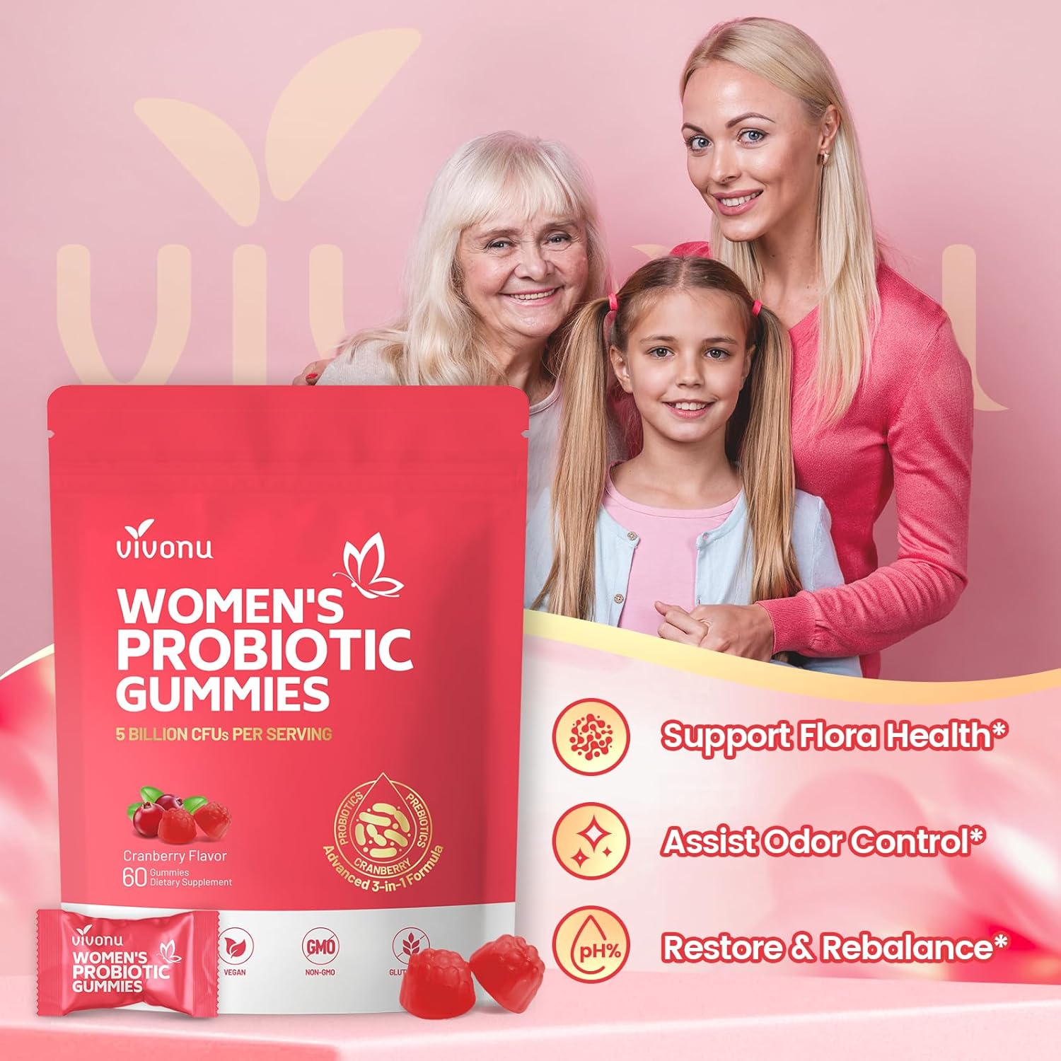 Vivonu Vaginal Women Probiotic, Feminine Balance Ph Gummies for Healthy Odor, Yeast Balance & Flora + Vitamin C for Immune Support -Cranberry Probiotics image number 3
