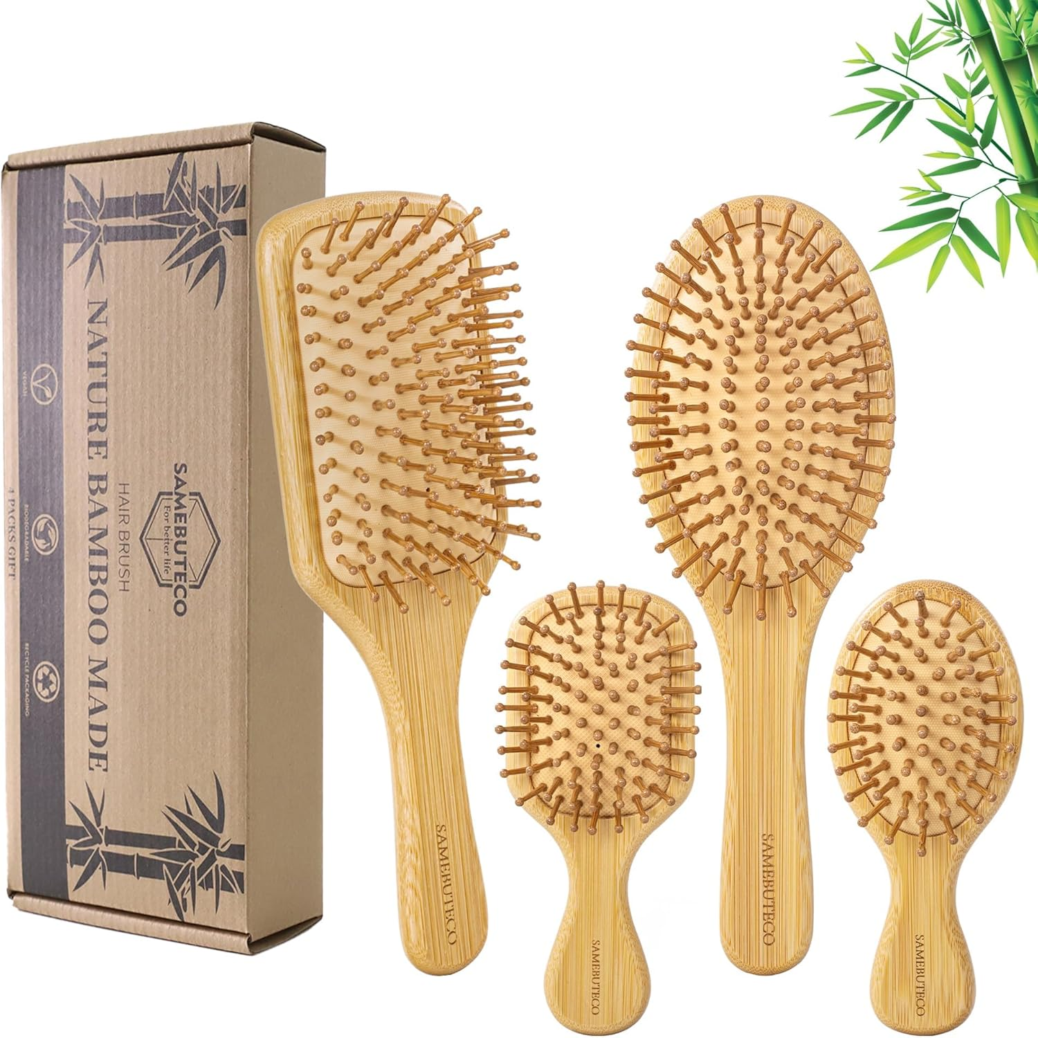 SAMEBUTECO Hair Brush Set Natural Bamboo Bristles Paddle Detangling Brushes for Thick, Thin, Curly, and Dry Hair Wooden Hair Message Brushes(4 Packs) image number 1