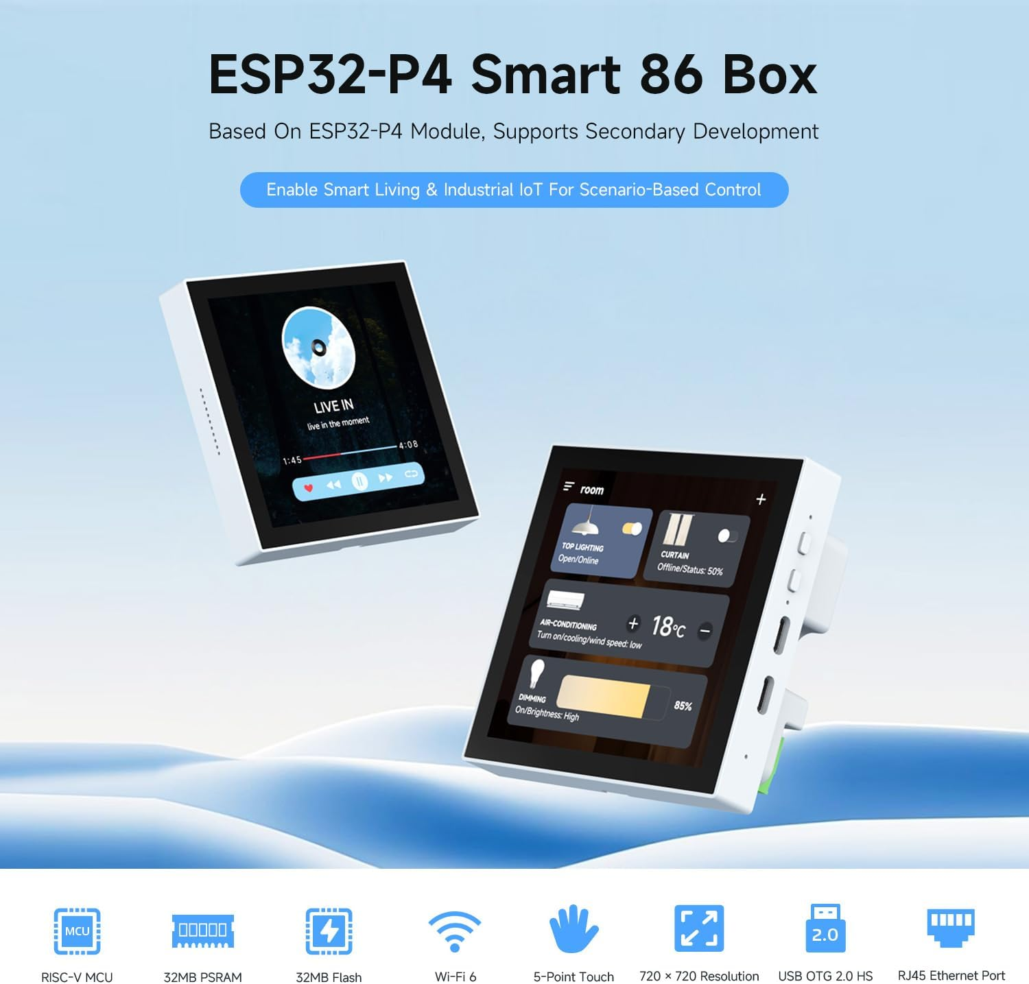 Waveshare ESP32-P4 Smart 86 Box with External Camera Support, Featuring Dual-Core and Single-Core RISC-V Architecture, Onboard 4-Inch 720&times;720 Pixel 5-Point Touch LCD, Po-Wered by ESP32-P4 Chip image number 3