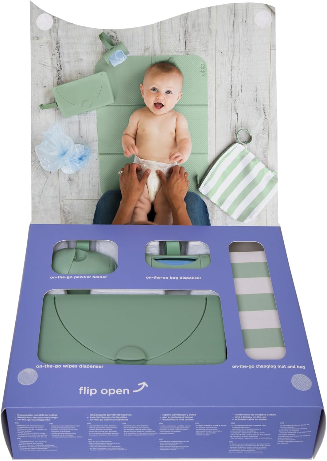 Ubbi On-The-Go Diapering Gift Set, Includes Changing Mat and Bag, Wipes Dispenser, Pacifier Holder and Bag Dispenser, Newborn Essentials, Sage image number 3