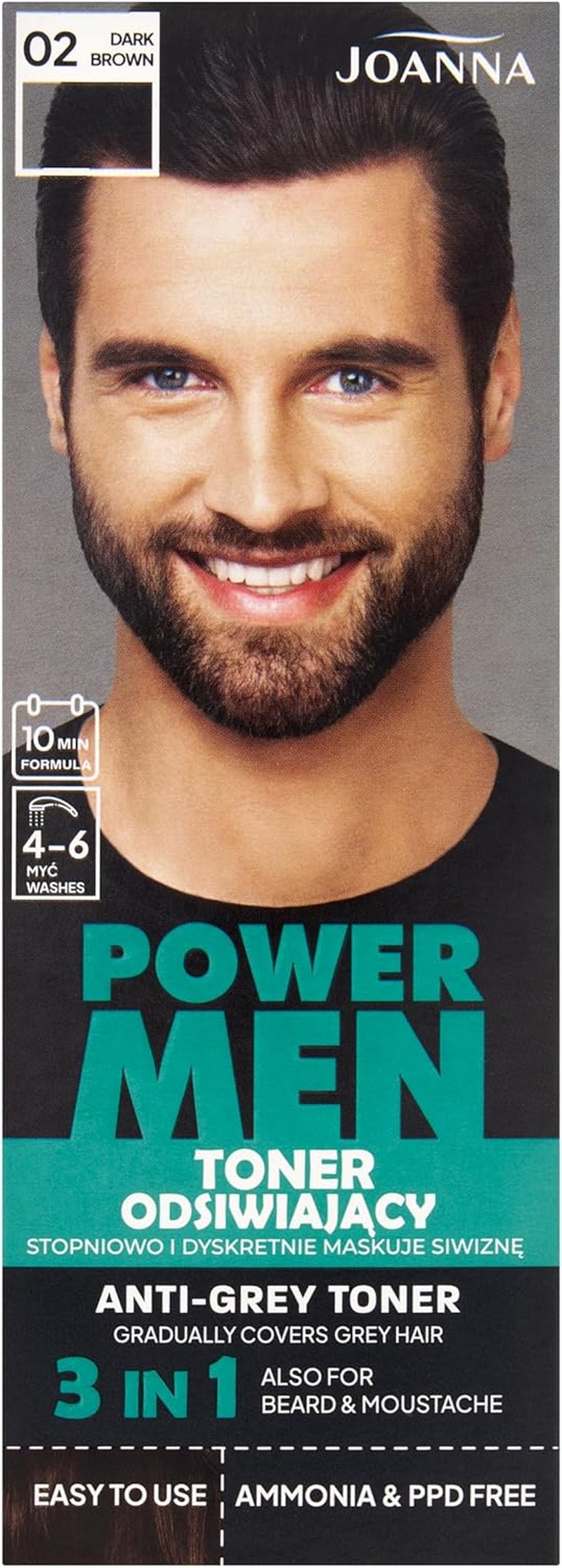 JOANNA Power Men Toner Dark Brown - Grey Hair Conceals in 10 Minutes - Toning for Men - Dark Brown Hair Toner for Beard & Hair - without Roots - 80 G