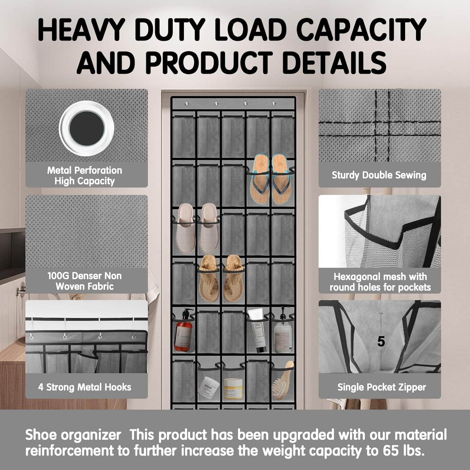 Over the Door Shoe Organiser, 35 Large Mesh Pockets, Space Saving Hanging Storage Holder, Closet Rack Hanger, Hangs on Closets for Shoes, Accessories, Black image number 1