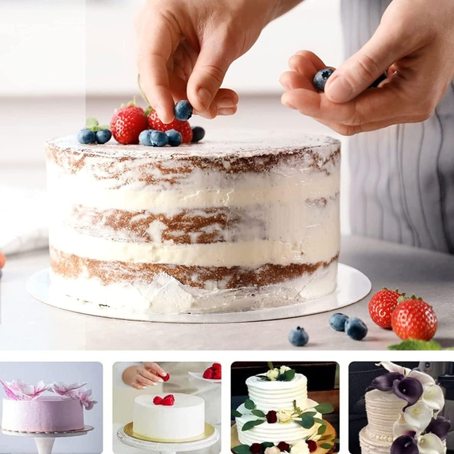 LEIAOLY Cake Boards, White Cake Boards 10 Inch Round, Food-Graded Cardboard Cake Rounds Cake Base, Waterproof and Oil-Proof Cake Boards for Cake DIY, Dessert and Crafts Display(Silver 8 Pcs) image number 5