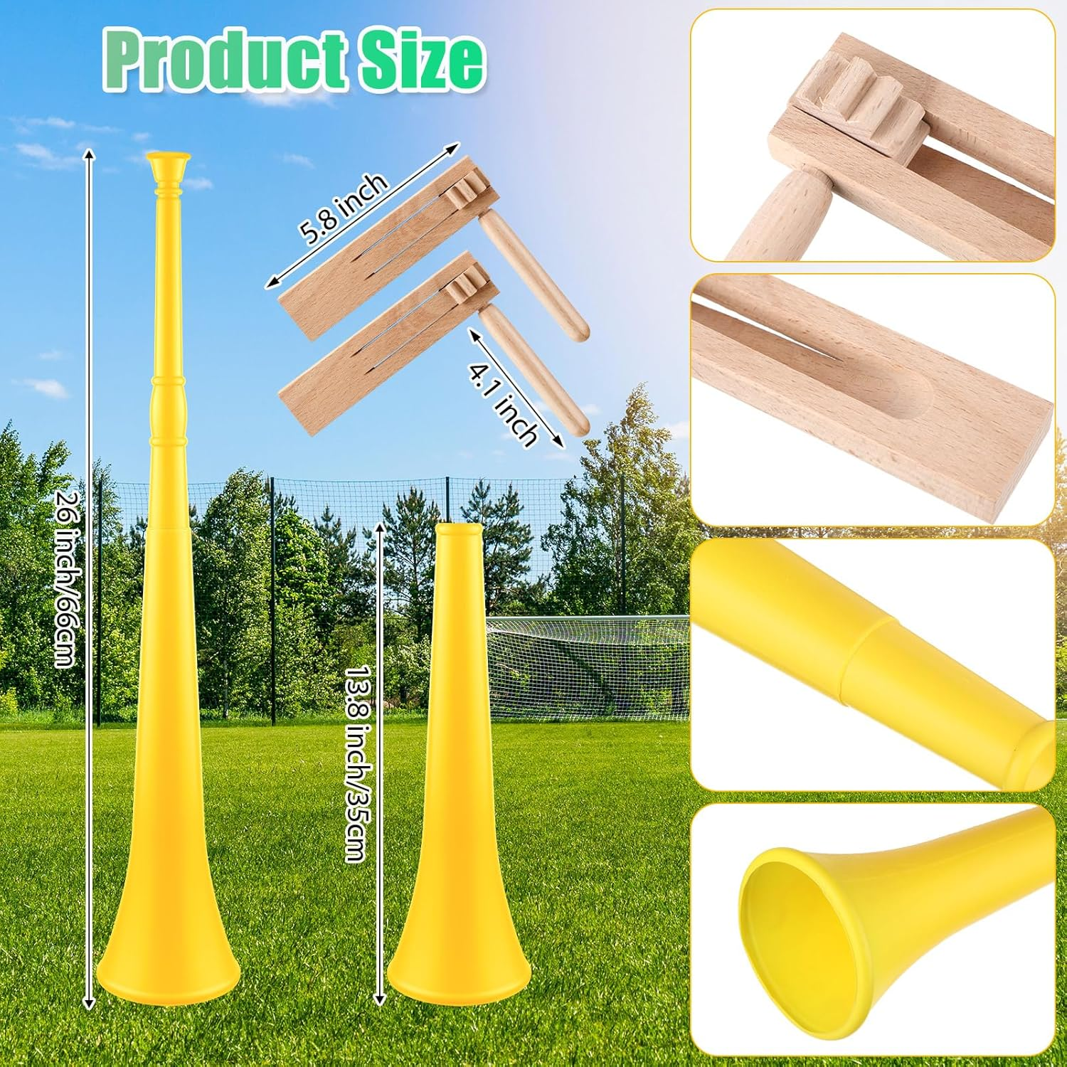 Outus 8 Pcs Noise Makers Includes 4 Pcs Matracas Wooden Ratchet Noise Maker 4 Pcs Vuvuzela Air Horn Collapsible Plastic Blow Horn Stadium Horn for Sporting Events Party Favor