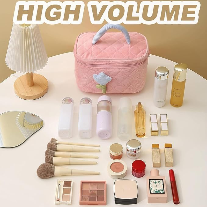 Flower Cosmetic Bag, Kawaii Makeup Bag, Makeup Bag with Floral Pattern, Large Make up Bag Women, Made of Soft Cotton Material, Make up Bag, Cute Beauty Cosmetic Bag for Women and Girls, Pink