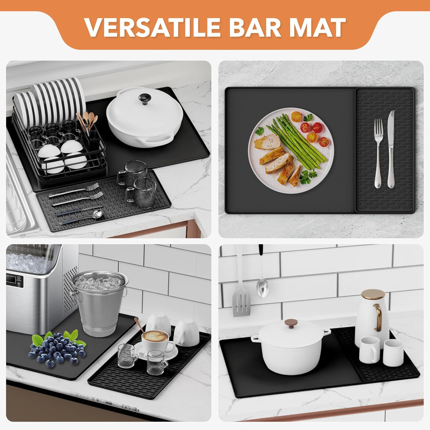 Silicone Coffee Mat with Detachable Dish Drying Mat for Kitchen Countertops, Coffee Bar, Accessories Fit under Coffee Maker Machine Coffee Pot Espresso Machine Dish Rack (Black, 40X60Cm) image number 1