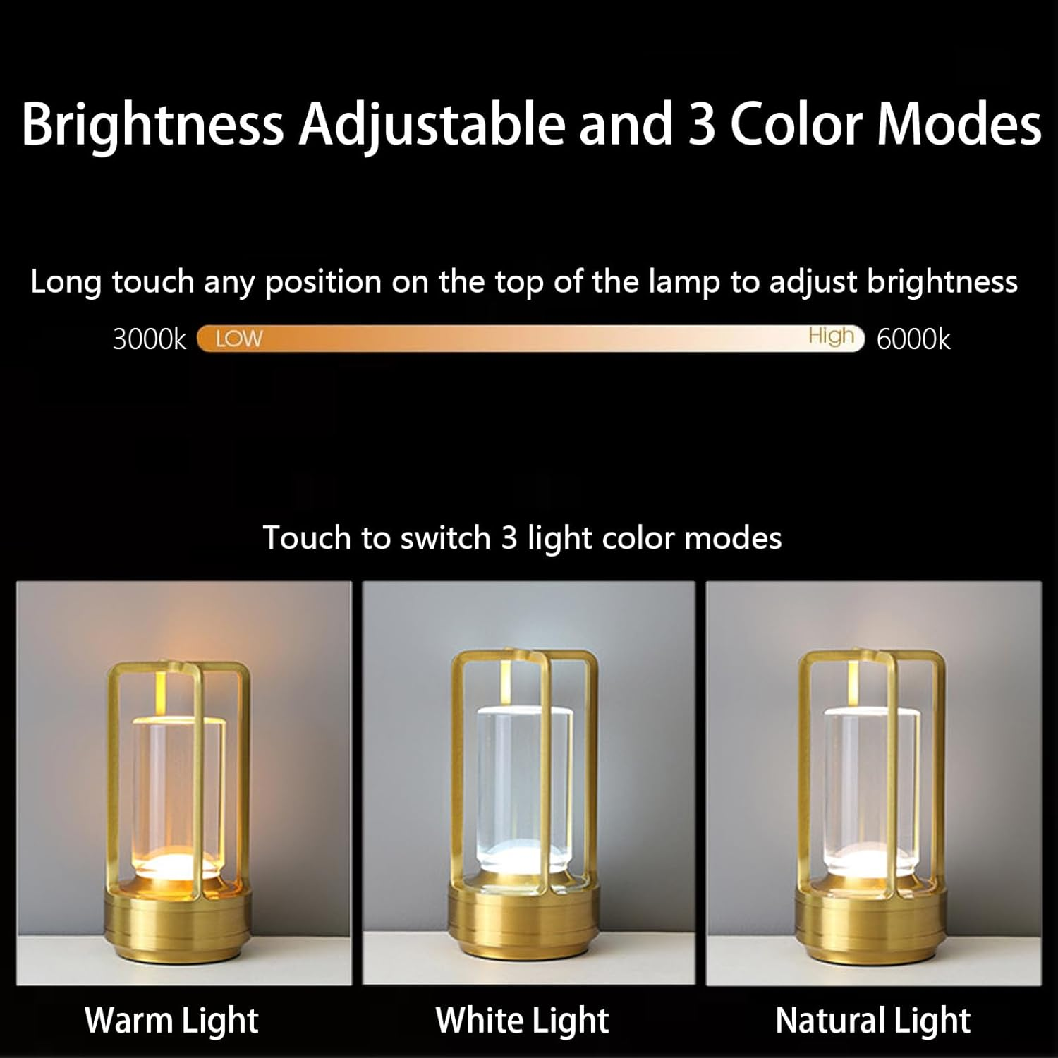 Cordless Table Lamp, LED Lamp with 2000Ma Battery, 3 Color Stepless Dimming, Lumisom Crystal Lantern Lamp, Klarako Crystal Lantern Suitable for Bedroom/Bar/Cafe/Camping(Gold) 2 Pack