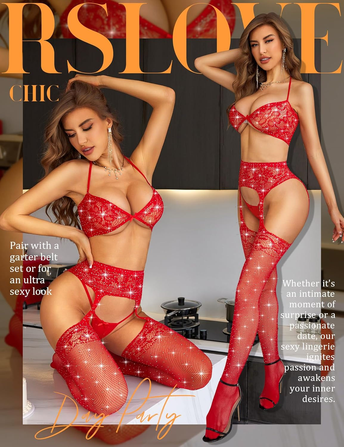 RSLOVE Bodystocking Lingerie Sets for Women - Sexy Fishnet Garter Belt Stocking Womens Bra and Panty Sets 3 Piece One Size