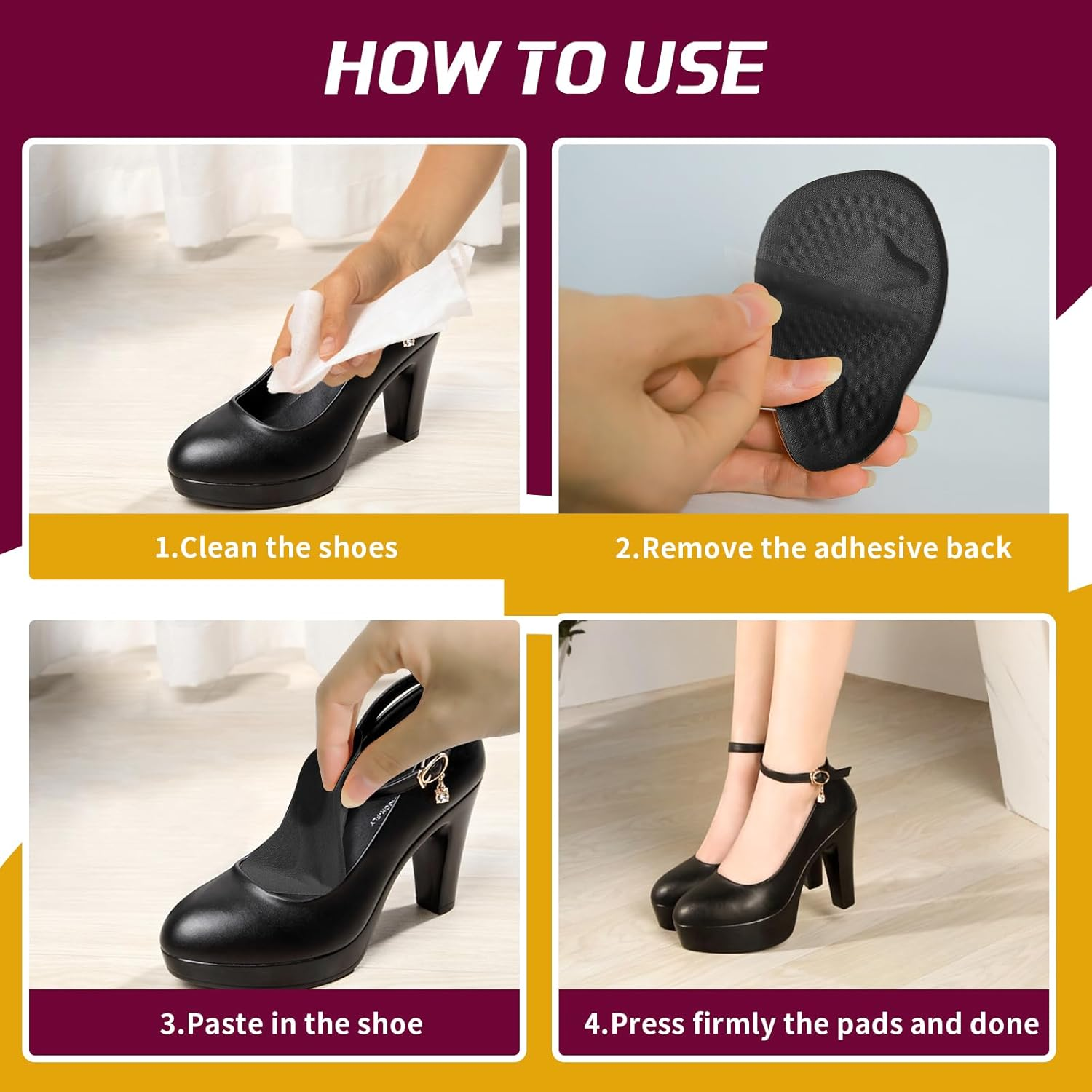 Ball of Foot Cushions Heel Inserts, Anti-Slip Metatarsal Pads for Women, One Size Fit All Foot Pad Insoles, Foot Pain Relief and Comfort Reusable Shoes Forefoot Gel Insoles for Loose Shoe, Blisters, Calluses-3Pairs, Black - Beige image number 6