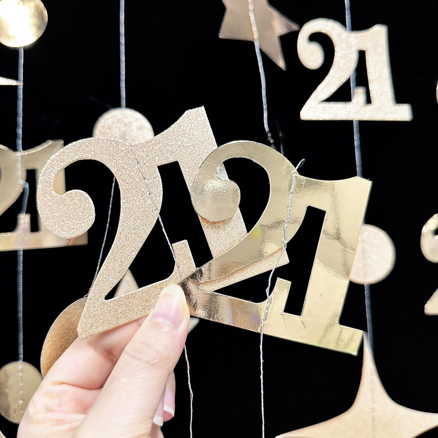 Champagne Gold 21St Circle Dot Star Streamer Garland Metallic Glitter Paper Number 21 Hanging Banner for Boys Girls Happy 21 Years Old Finally Legal Twenty One Birthday Anniversary Party Decorations image number 6