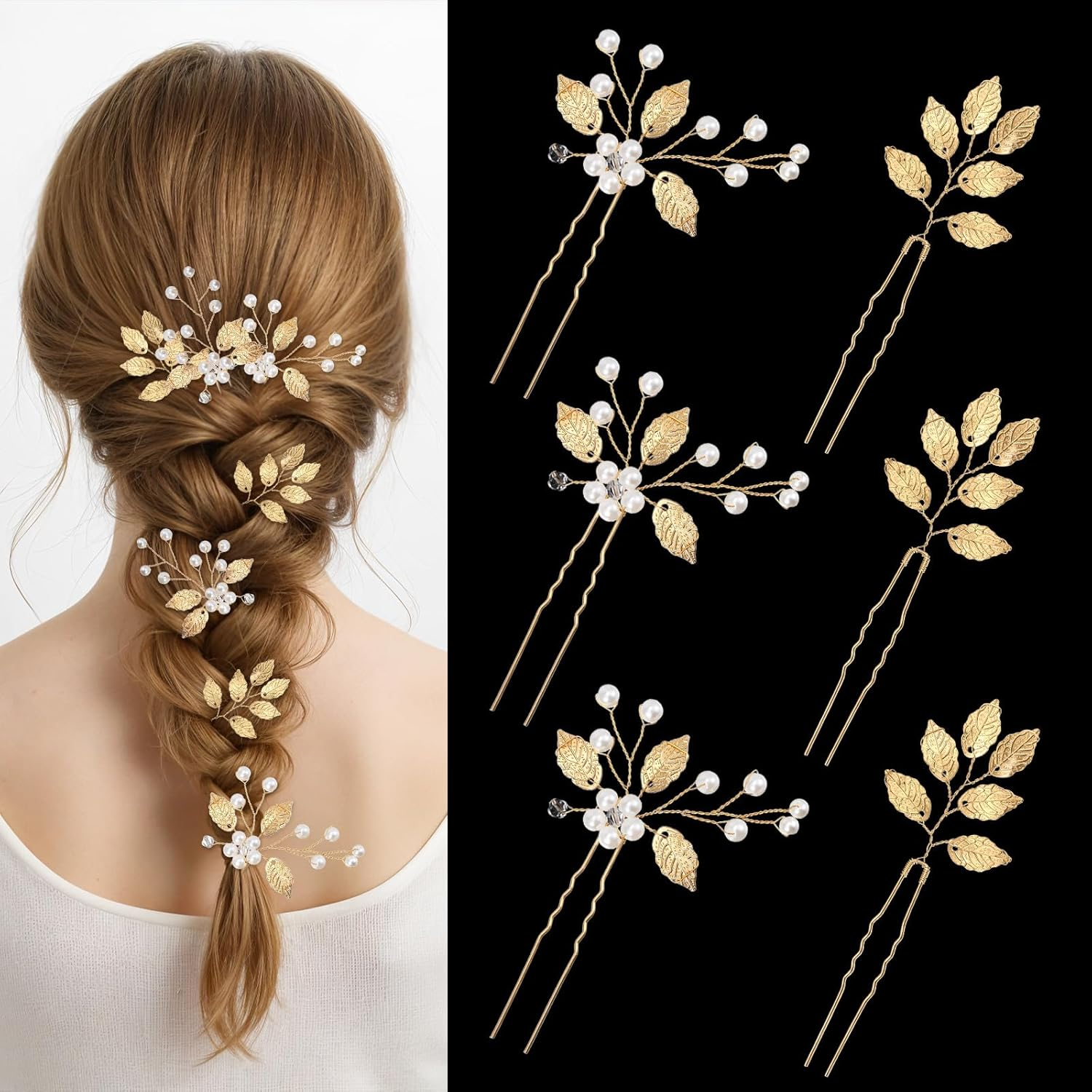 Pack of 6 Bridal Hair Pins Gold Leaves Crystal Beads Vintage Headpiece Hair Clips Hair Accessories Wedding Rhinestone Hair Accessories for Brides Bridesmaids (Gold) image number 5