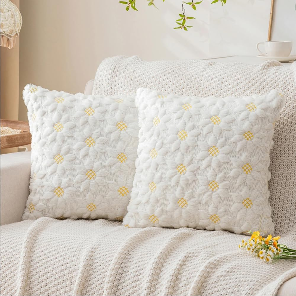 CJWLKJ 2Pcs Soft Faux Fur Throw Pillow Covers 18X18 Inch, Farmhouse Decor Yellow Color Flower Heart Sunflower Soft Plush Jacquard Pillow Cases for Sofa Holiday Home Decor image number 5