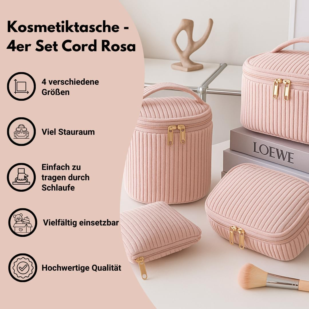 Set of 4 Cosmetic Bags - Cosmetic Bag Made of Corduroy Pink - Makeup Bag, Make up Bag, Wash Bag for Travel, Cosmetic Bag Women, Pink, Pink Cosmetic Bag with Golden Zip image number 6