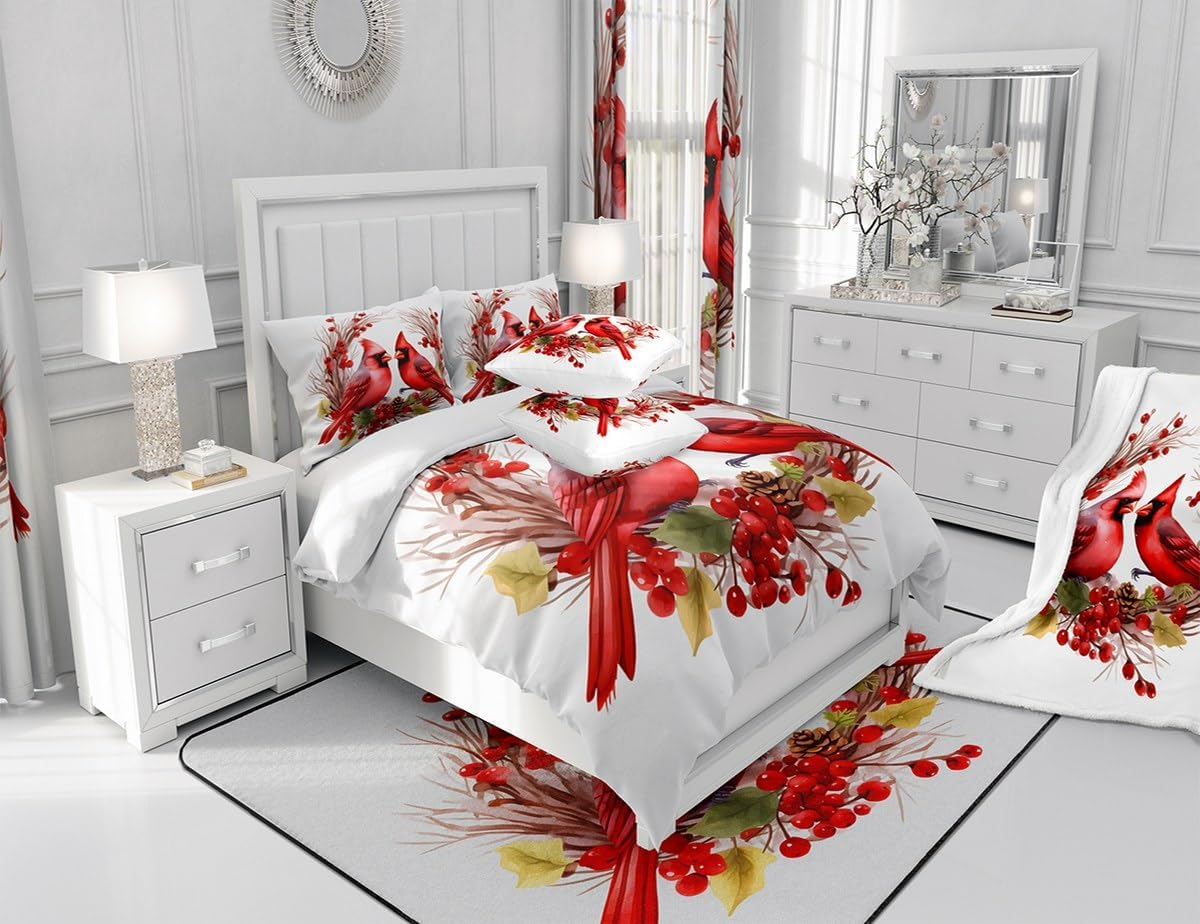 Jejeloiu Red Cardinals Bedding Set Full Size Kids Pine Cones Comforter Cover Set for Boys Girls Teens Cute Birds Duvet Cover Romantic Love Bedspread Cover Room Decorations Quilt Cover image number 3
