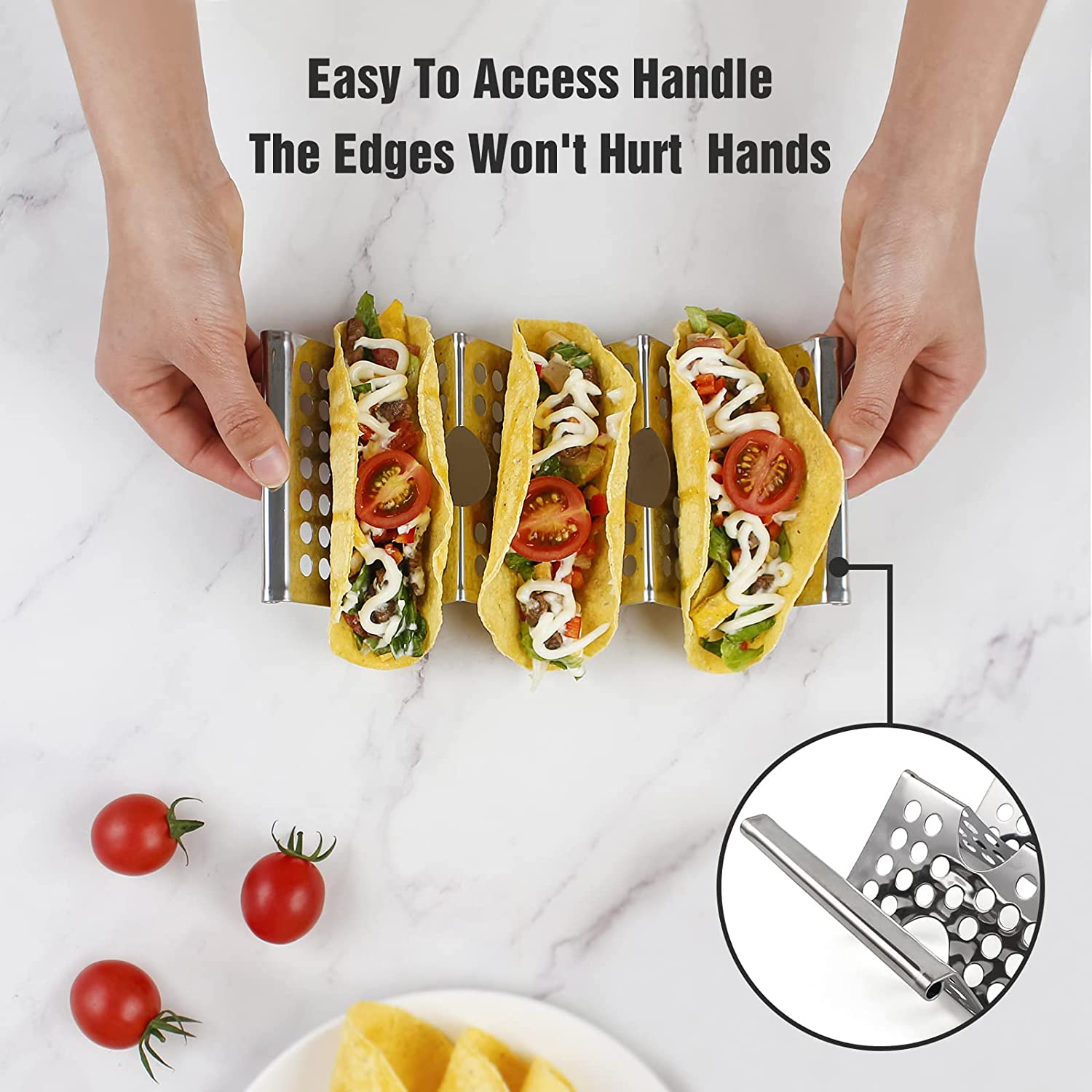 4 Pack Stainless Steel Taco Holders, Premium Taco Stands, Holds 2 or 3 Tacos Each Taco Tray, Taco Rack with Easy-Access Handle, Food Grade Taco Plate Shells Oven & Grill Safe, BPA Free image number 3