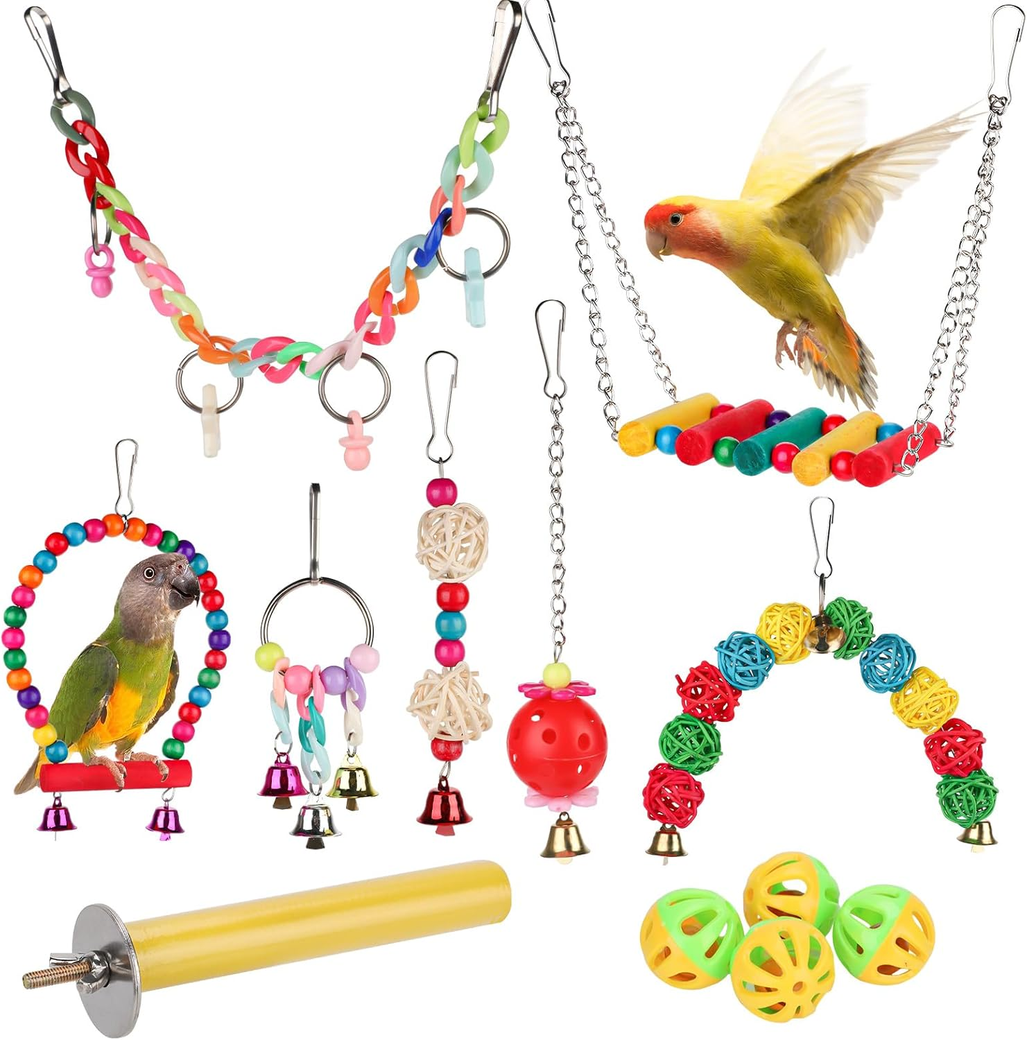 12Pcs Bird Swing Set, Bird Toys for Parakeets Bird Swing Standing Chewing Toys Hammock Climbing Ladder Bird Cage Accessories for Cockatiel Budgie Conure Mynah Lovebird