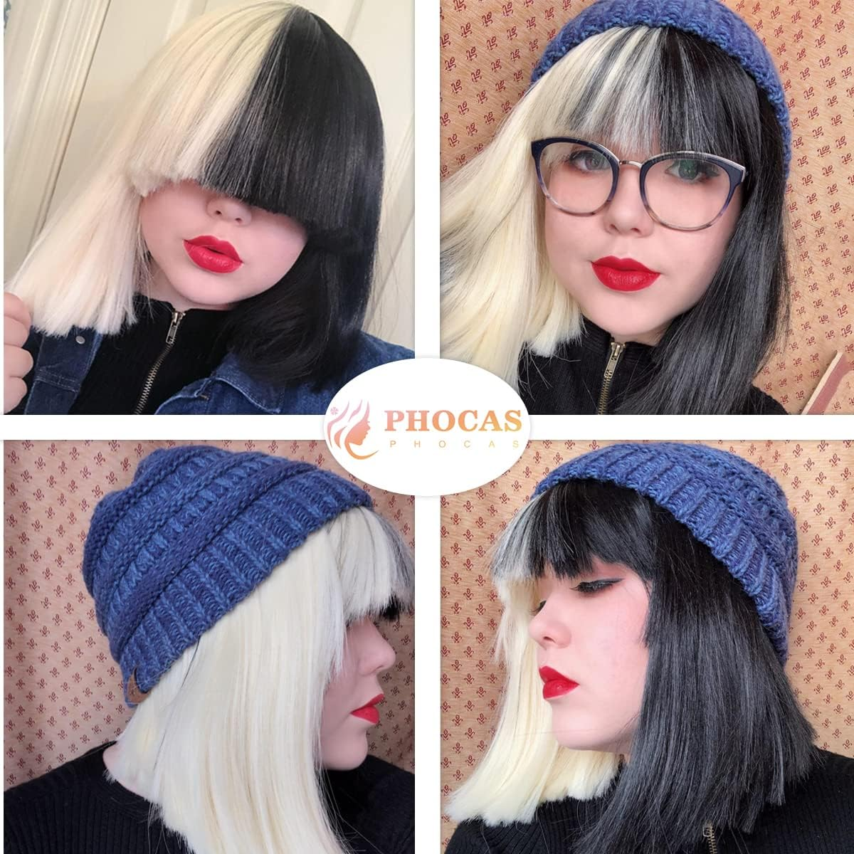 Phocas Hair Half Blonde and Black 2 Tone Hair Short Straight Cosplay Wig for Women - A-Brown image number 5