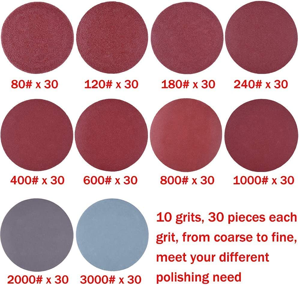 300 Pcs Sanding Discs Pads, Hook and Loop Adhesive Sanding Discs ，50Mm/2Inch Hook and Loop Pads with 1/4" Shank Backing Pad & Foam Buffering Pad ，Sandpaper80-3000 Grit for Drill Grinder Rotary Tools