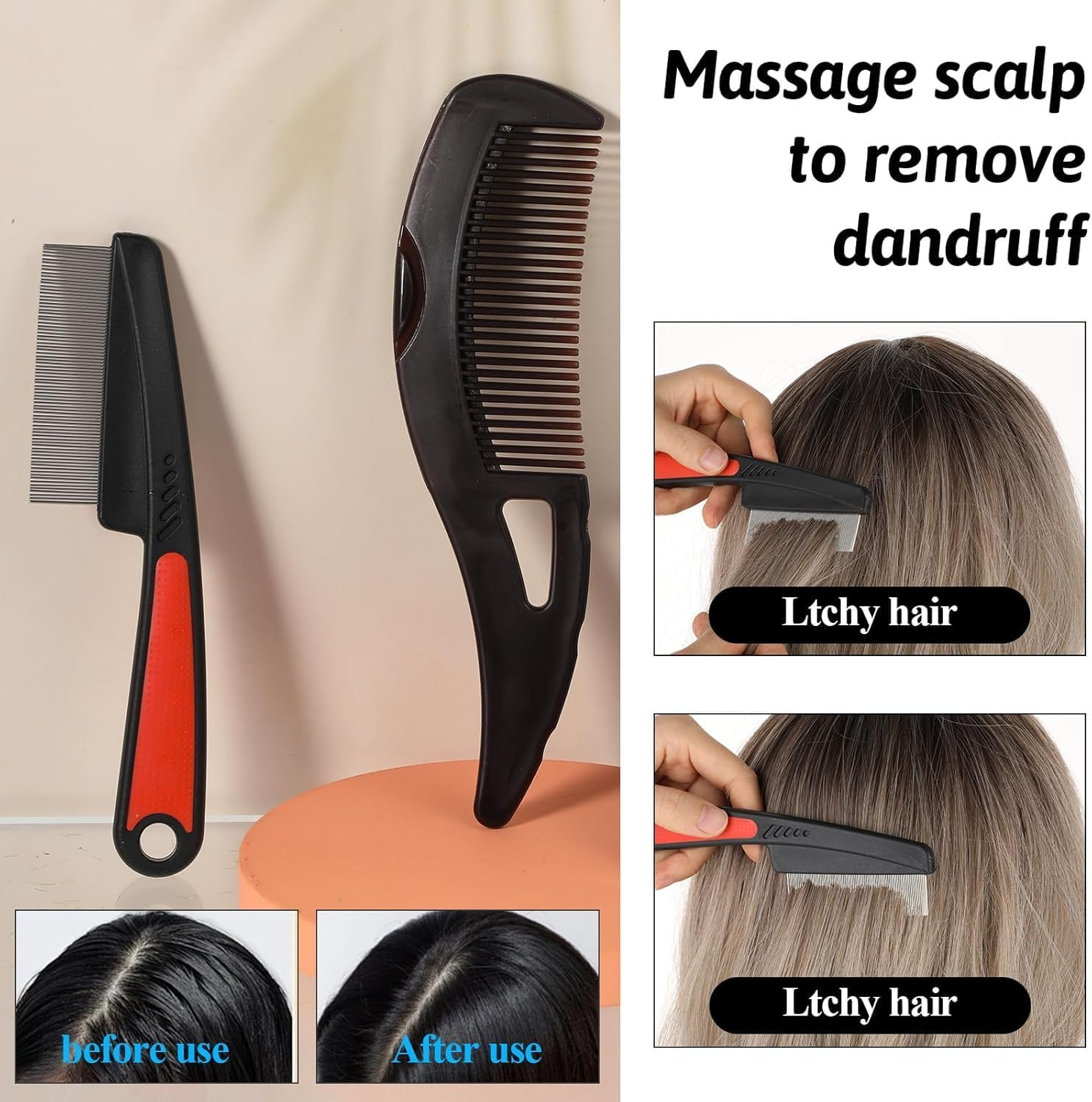 Dandruff Comb Hollow Tooth Dandruff Comb, 3Pcs Stainless Steel Fine Tooth Dandruff Remover Comb and Dandruff Relief Comb,Stainless Steel Scalp Sweep Detoxing Comb Fine Tooth Hairbrush Dandruff Comb