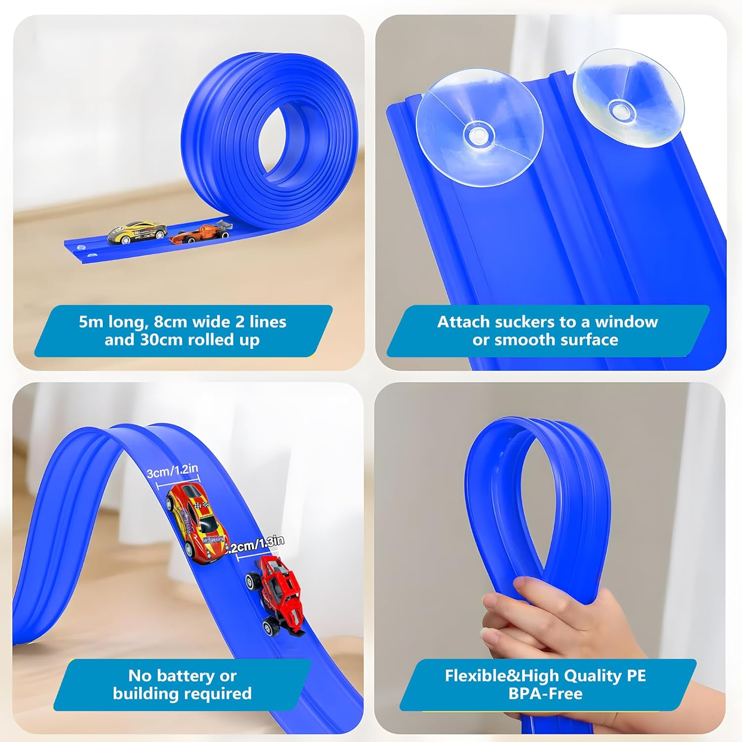 16Ft /500Cm Flex Tracks Car Track Set &ndash; Flexible Race Car Ramp Track with 6 Small Racecars &Suction Cups, Compatible with Hot Wheels &1:64 Diecast Vehicles, Portable Roll-Up Racetrack for Kids Ages 3+ - Red image number 6