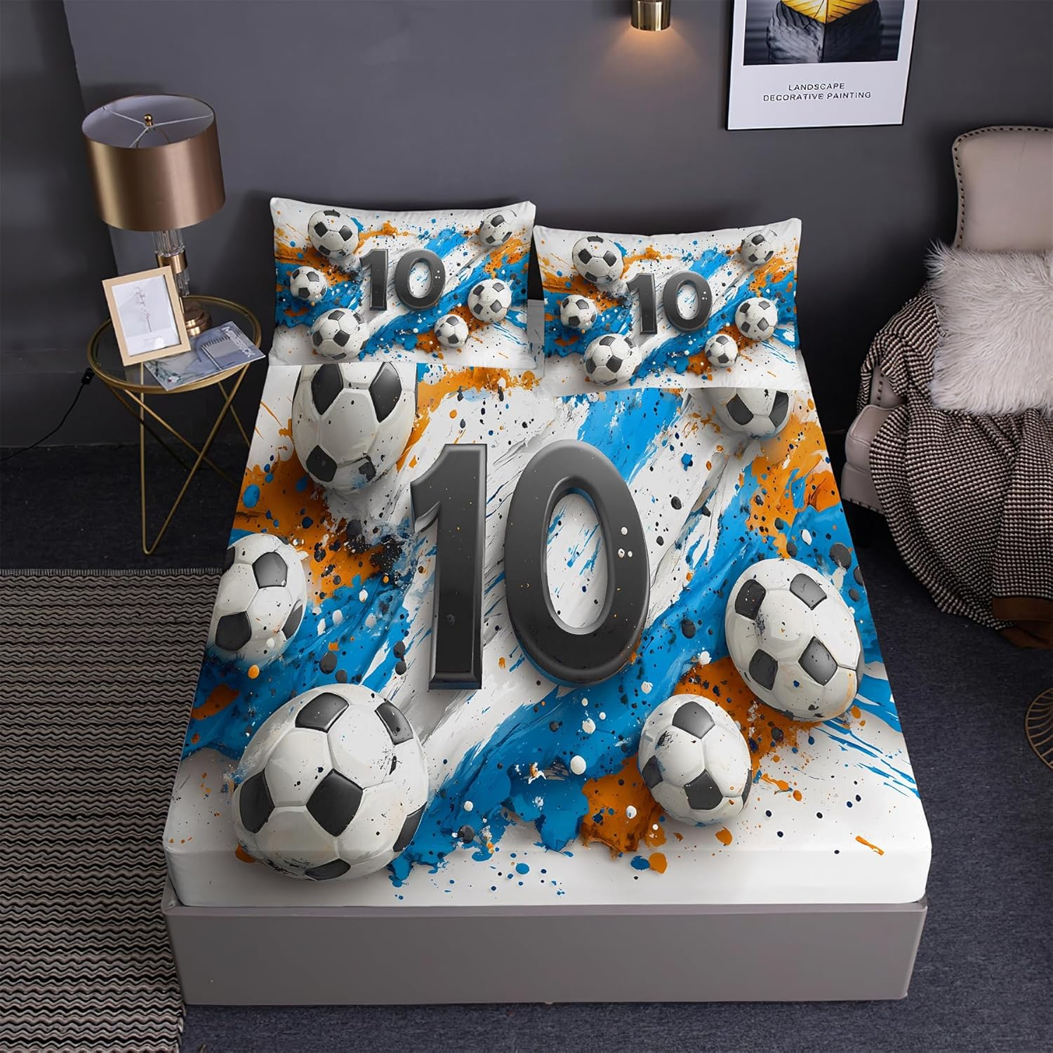Soccer Ball Prints Fitted Sheet Set Hand Drawn Sports Series Football Fans Bedding Set | with Fitted Sheet and 2 Pillowshams(3Pcs) or Comforter(4Pcs) (Queen-3Pcs,A)