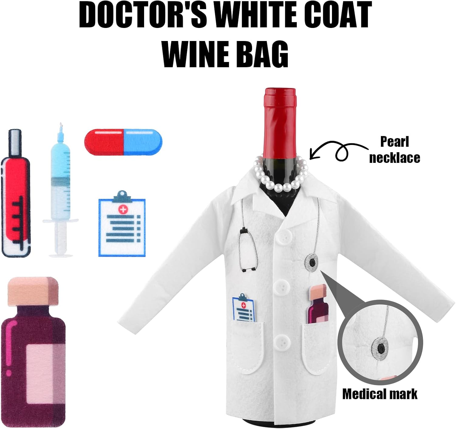 White Coat Wine Bag, Felt Nurse White Jacket Wine Bottle Cover with Syringe Chain Thermometer Funny Wine Packing Clothing Cover Nurse Practice Gifts for Men Women Graduation, Bronze image number 6