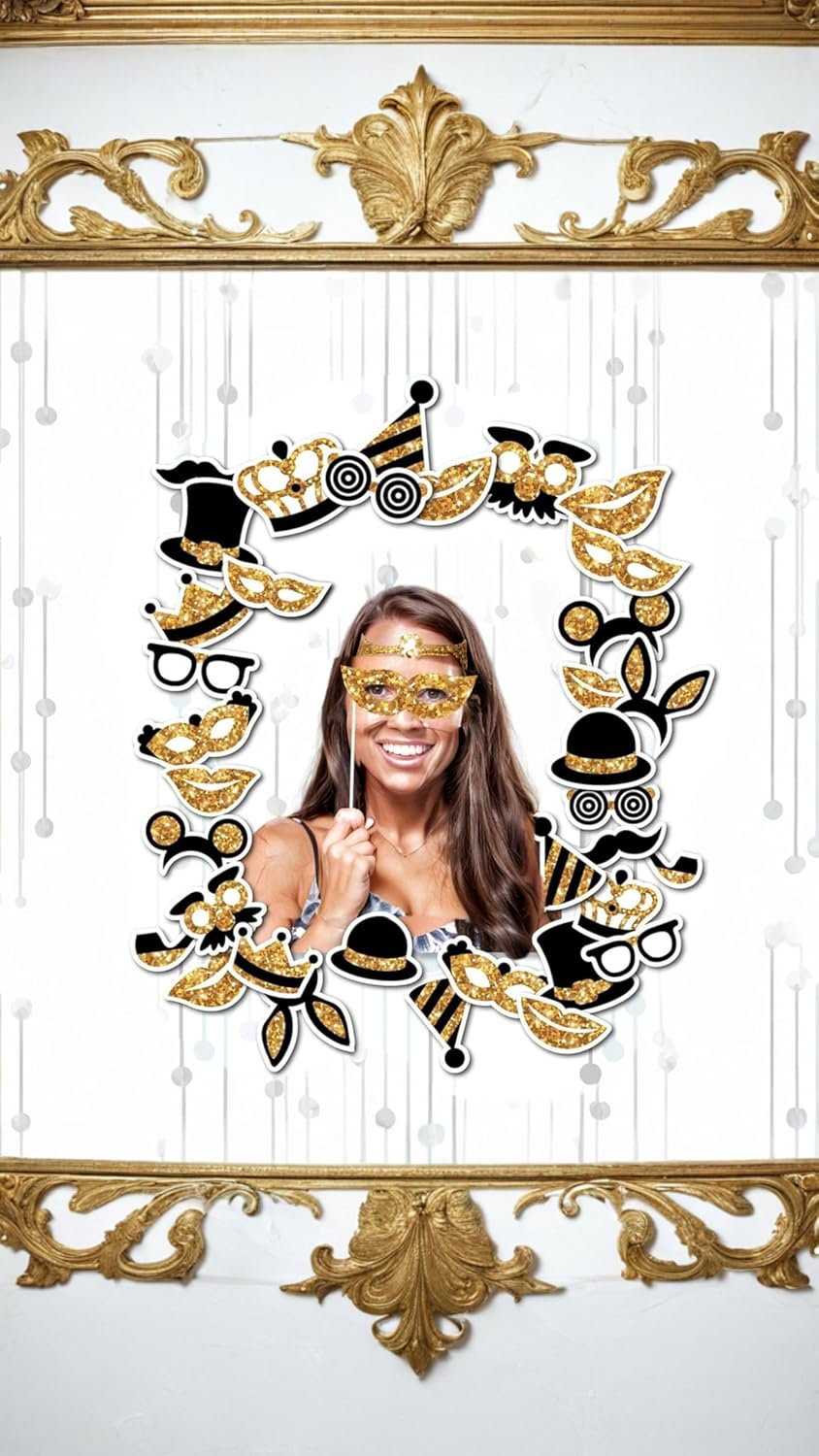 Honwor 24-Piece Golden Party Photo Booth Props - Perfect for Birthdays, Weddings, Graduation, Prom, and New Year Celebrations - Mix of Hats, Lipstick, Ties, and Crowns - Fun Party Supplies image number 4