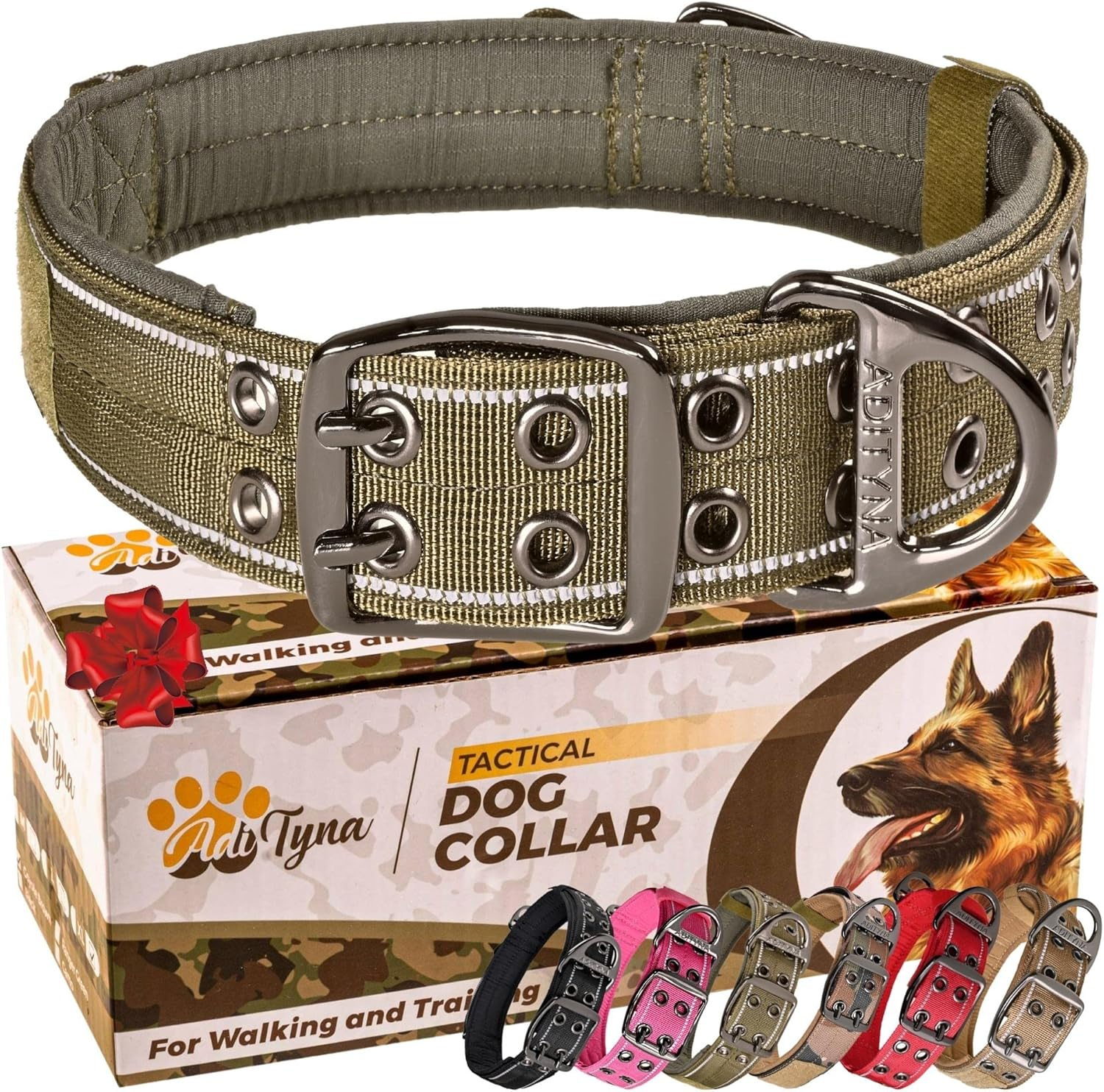 ADITYNA Heavy Duty Dog Collar for Large Dogs - Reflective Green Collar with Handle for Training, and Walking - Wide, Thick, Tactical, Soft Neoprene Padded