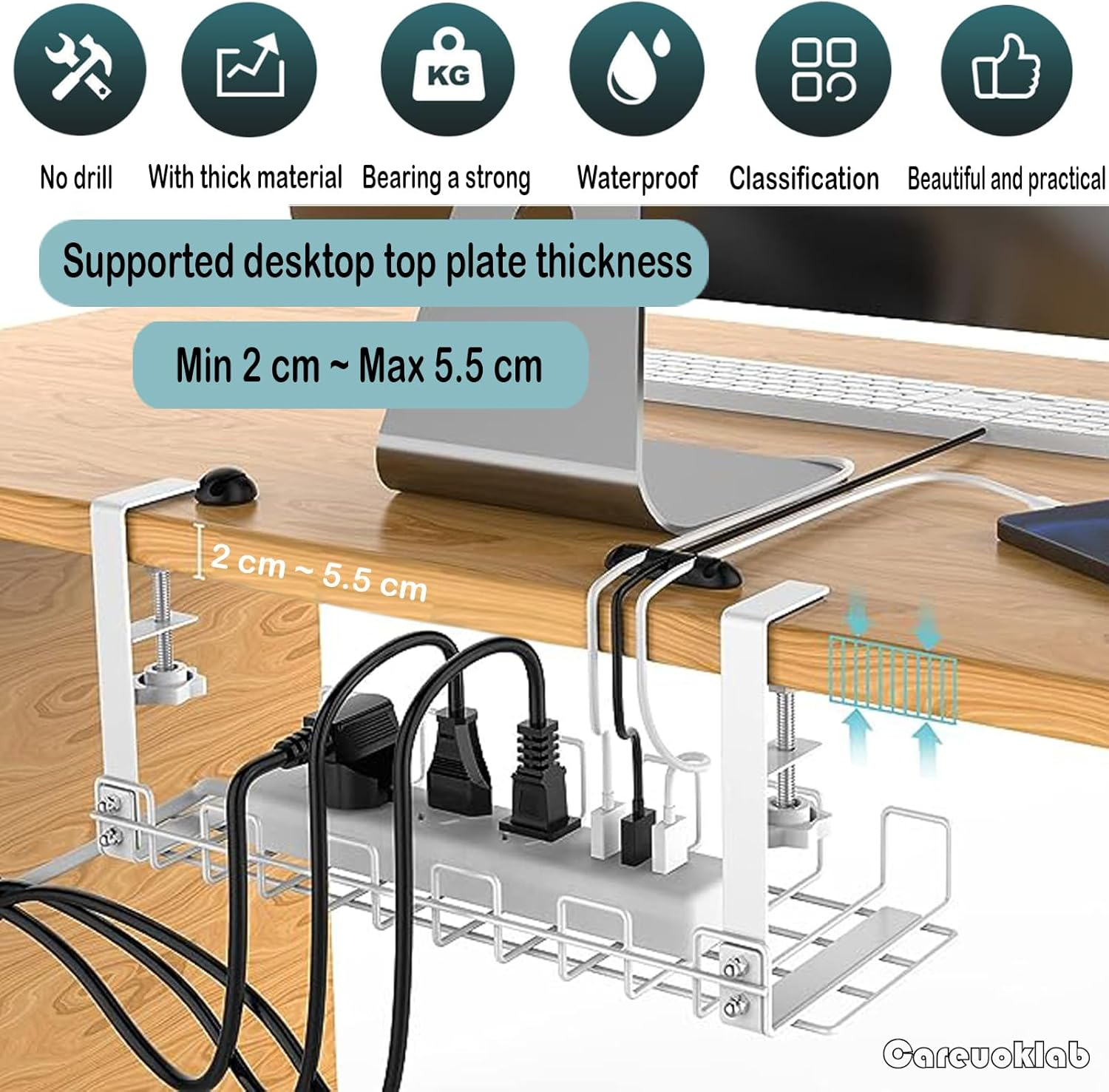 Under Desk Cable Management Tray 2 Pack, Cord Organizer for Wire Management, Detachable No Drill Metal Cable Tray Basket Rack for Home Office (White 2 Pack) image number 4